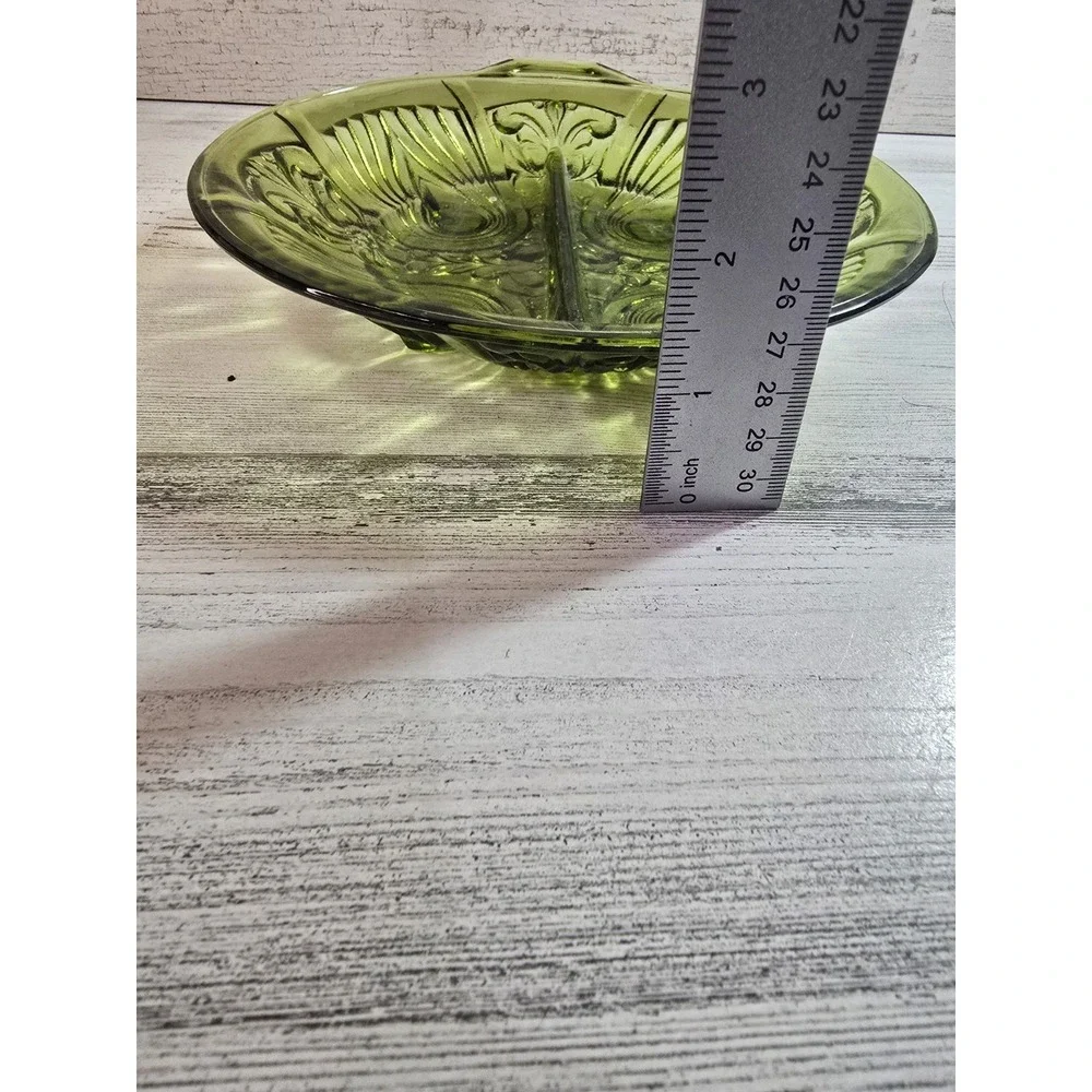 Vintage Green Pressed Glass Divided‎ Relish Dish Footed Serving Tray with Handle